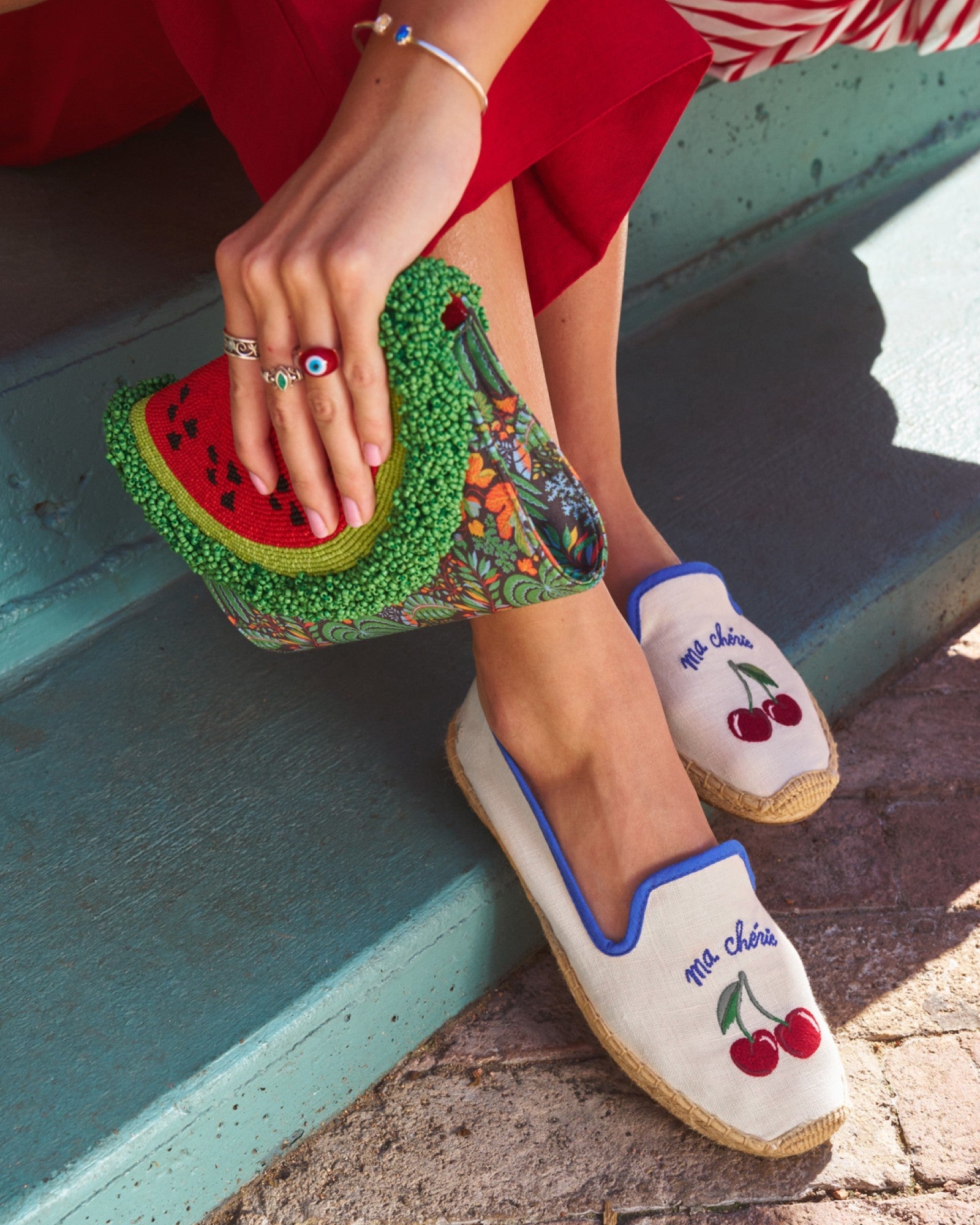 The Smoking Slipper - Embroidery / Ma Cherie - Ivory / Blue - Women's - Women's Espadrilles - Ivory / Blue - ET2C -